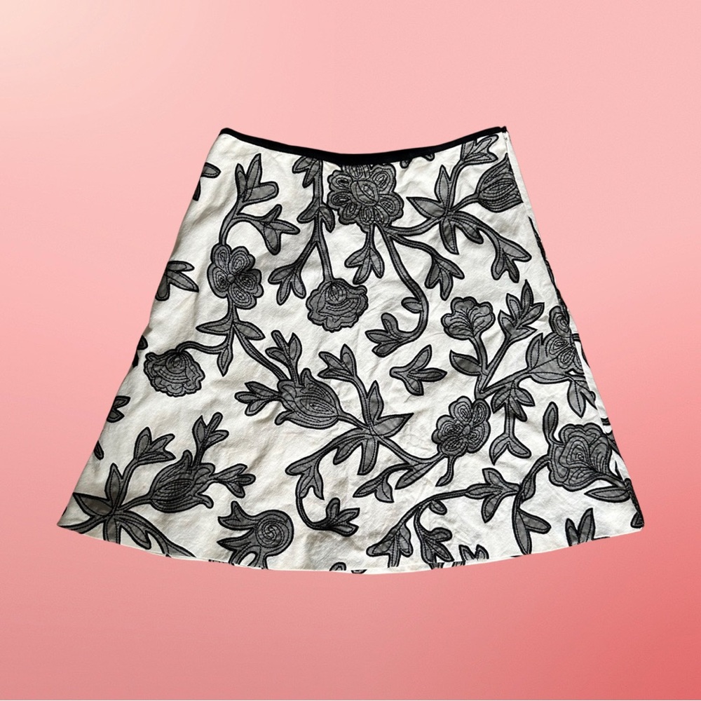White House Black Market white black embroidered midi skirt